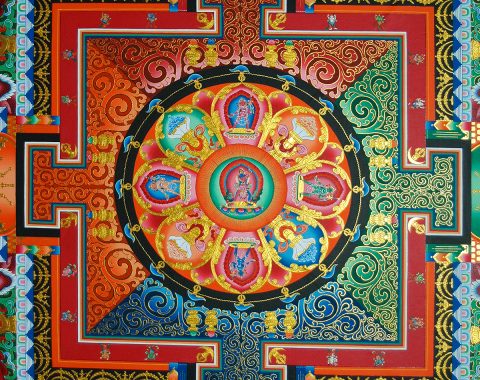 Square mandala on the ceiling of a Tibetan monastery Square mandala on the ceiling of a Tibetan monastery